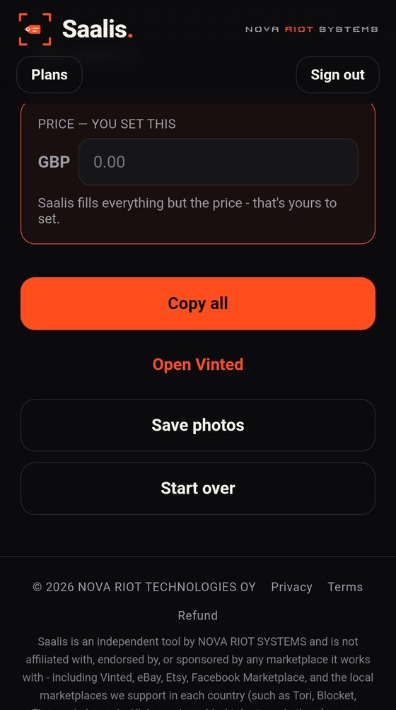 The price field, left empty for the seller, above a Copy all button.